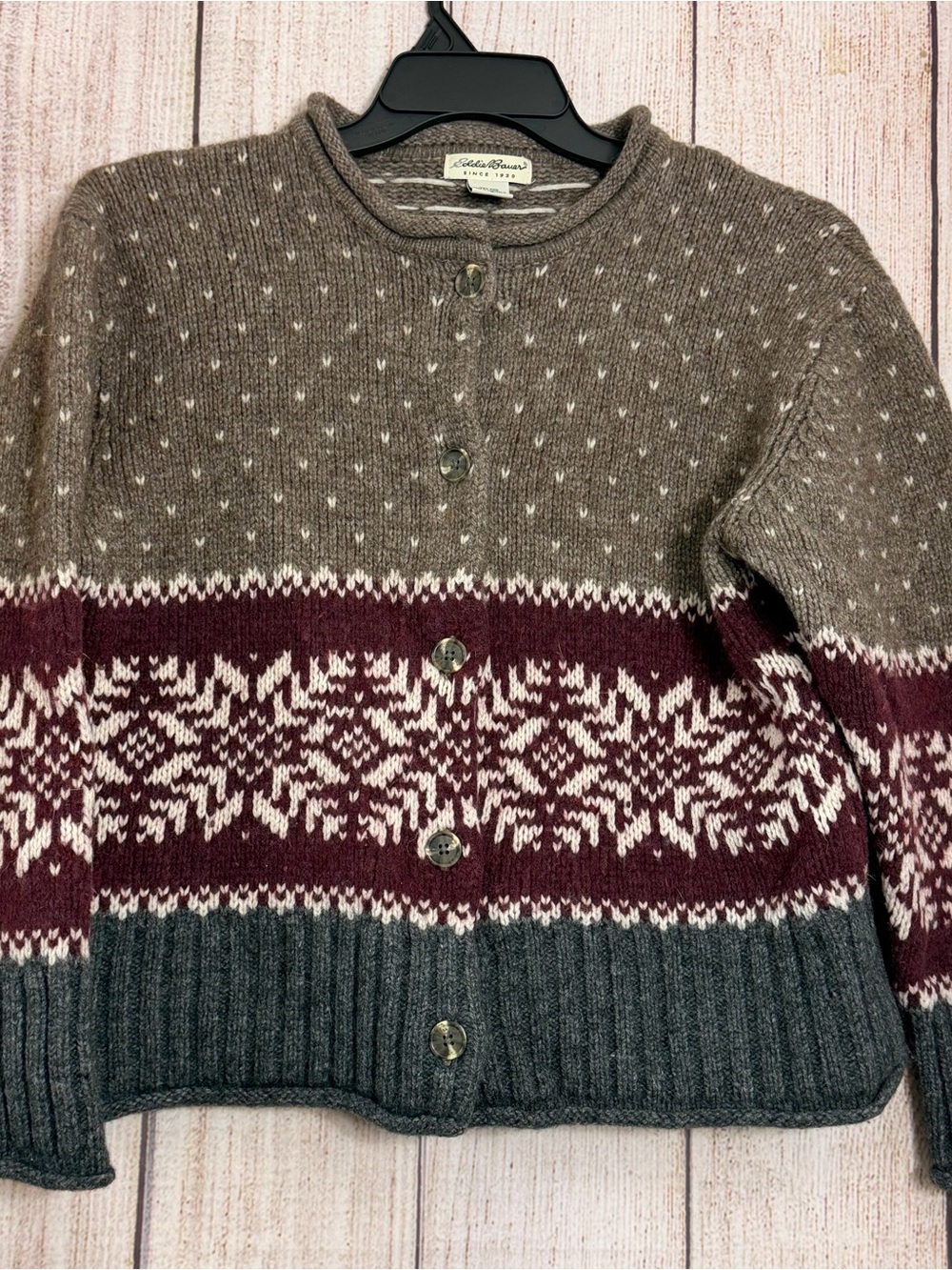 Cozy Fair Isle Wool Blend Cardigan Sweater - Brown & Burgundy